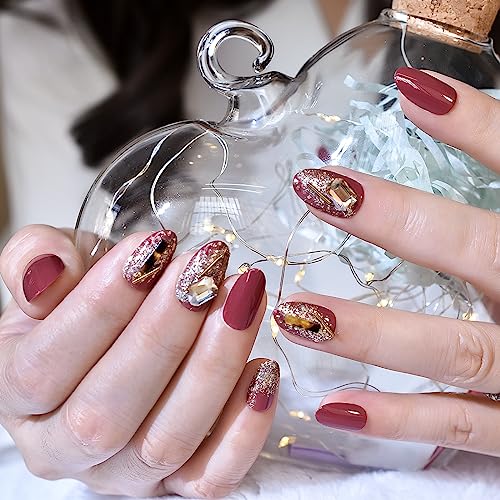 ELEVENAIL Shiny Glitter Press On Nails with 3D Diamond Glossy Brownish Red Christmas Nail Art Tips Medium Length Oval False Acrylic Salon Women Girls Manicure Reusable Fake Nails Gifts for Women Girls