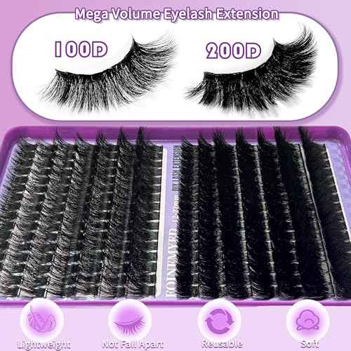Lash Clusters 100D+200D Thick Volume Eyelash Clusters 12-22mm Long Cluster Lashes Eyelash Extensions Individual Lashes Clusters DIY at Home Eyelashes D Curly Lash Extension by FOINEMYED
