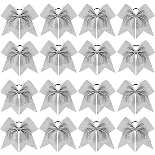 16 PCS 8" Large Glitter Cheer Bows for Cheerleaders, CN Sparkly Hair Bows with Elastic Hair Ties Accessories for Teens Girls Women Cheerleading Softball Competition Sports (Silver)