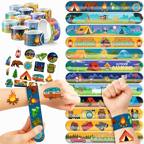 48 PCS Camping Party Favors 24PCS Tattoos Sticker 24PCS Slap Bracelets Wristbands Perfect for Camp Themed Birthday Baby Showers or Classroom Rewards Ideal Decor and Gifts for Girls and Boys