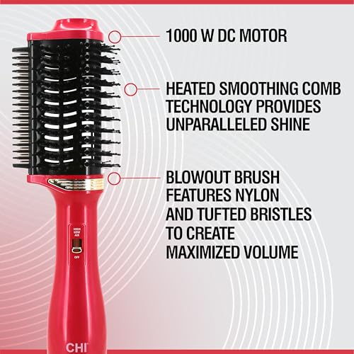 CHI Volume Styler, Blowout Brush for Amplified Volume, Heated Comb to Smoothen & Straighten Hair, 2-in-1 Hair Tool, Pink