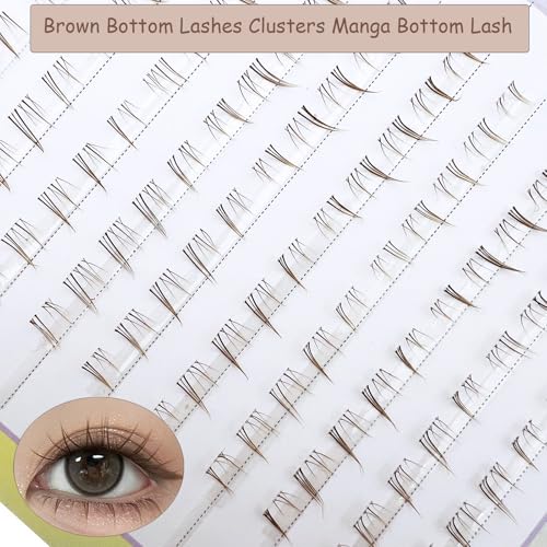 Brown Bottom Lashes Clusters Manga Bottom Lash Individual Wispy Natural Eyelash Clusters Lower False Lashes 100pcs Crisscross Clear Band Under Eyelashes MUQIU37 DIY Anime Lash Extensions (MQ616)