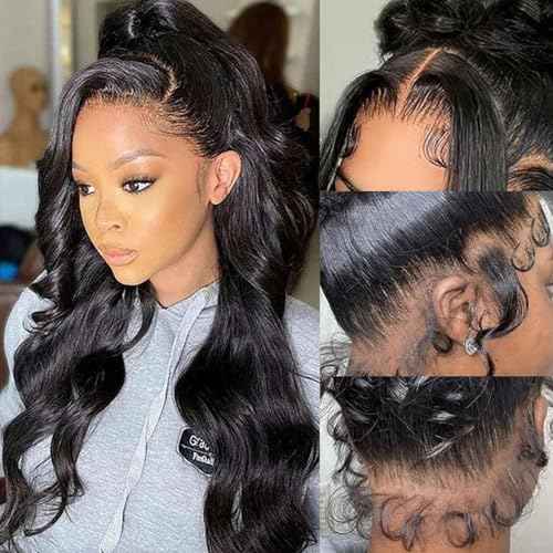 360 Lace Front Wigs Human Hair 220% Density Hidden Straps Body Wave HD Lace Front Wigs with Drawstring 360 Full Lace Wigs Brazilian Virgin Human Hair Wig for Women Natural Black 22Inch