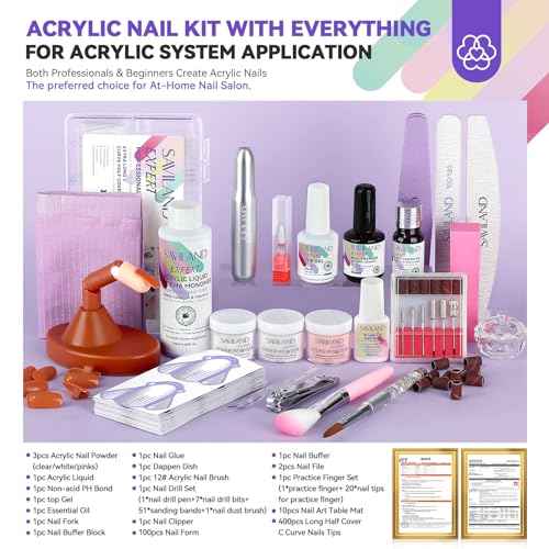 SAVILAND Acrylic Nail Kit for Beginners: Professional Nail Kit Acrylic Set with Practice Hand 400pcs Nail Tips Electric Nail Drill Pure EMA Acrylic Nail Kit for Nail Extension Home Salon Use