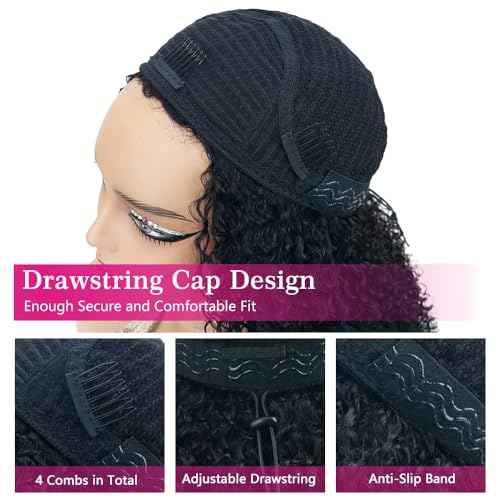 Wear & Go Glueless Wigs Human Hair Afro Kinky Curly Human Hair Half Wigs for Black Women Seamless Kinky Curly Bob Pixie Cut Wig Drawstring Full Head Clip in Half Wig 200% Density 10 Inch