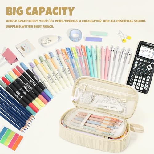 SUNEE Beige Corduroy Pencil Case, Large Capacity Zipper Pouch, Multi-Compartment Pen Organizer