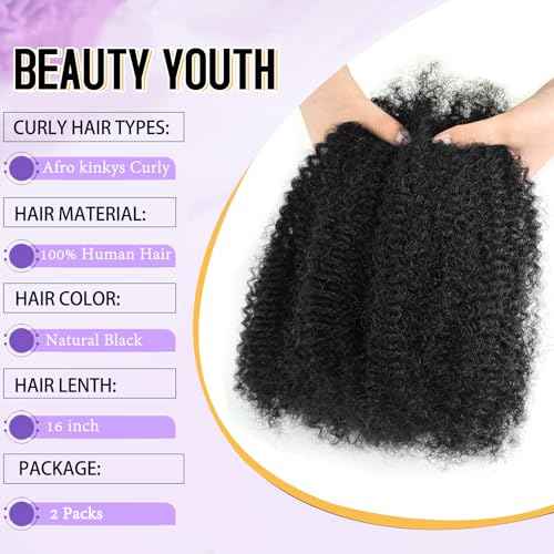Afro Kinkys Bulk Human Hair 2 Bundles 16 Inch Black Afro Kinky-Curly Human Hair Bundles for Dreadlock Extensions Locs Repair 100% Human Hair 4C Curly for Mini Twist