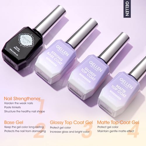 Gellen 4Pcs Gel Top Coat and Base Coat with Nail Strengthener Set for Gel Nail Polish, 18ml No Wipe Glossy and Matte Gel Top Coat, Base Coat Gel Nail Polish, Soak Off UV Gel to Nail Harder