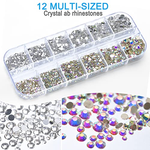 Nail Pearls Rhinestones for Nail Art,Clear Nail Gems Diamonds and AB Nail Crystals,Beige Flat Pearls for Nails,Nail Beads Supplies Accessories Stuff for Nail Tech,Craft DIY Pearl with Wax Pen Tweezers