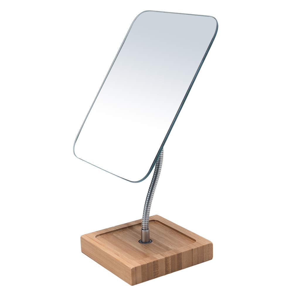 YEAKE Flexible Gooseneck Bamboo Vanity Makeup Mirror,360°Rotation 8" Large Frameless, Folding Portable Table Desk Mirror with Stand for Bathroom Shaving Make Up, Rectangle