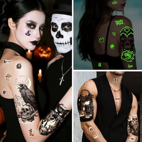 39PCS Glow in The Dark Halloween Temporary Tattoos Adult Kids, 9PCS Realistic Half Sleeve Pumpkin Bat Crow Skull Fake Tattoos, 30PCS Luminous Spider Cat Ghost Tiny Face Body Stickers Party Supplies
