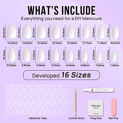 White Press On Nails Short - BTArtbox Supremely Fit & Natural Soft Gel Press on Nails Almond, White Glue on Nails with Nail Glue, Reusable Stick on Nails in 16 Sizes - 32 Fake Nails Kit, Cream Puff