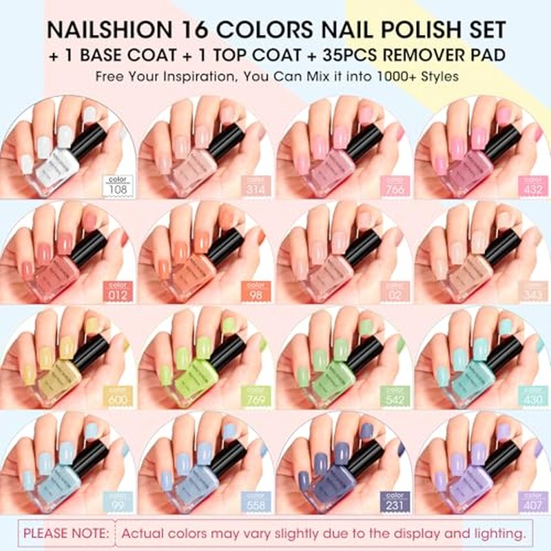 16-Color Macaroon Nail Polish Set with Base Coat & Remover