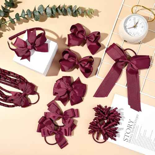 DEEKA Burgundy School Hair Accessories Set 13 Pcs Uniform Hair Bow Headband Clips Hair Ties Curly Korker Bows for Little Toddler School Girls (Burgundy)