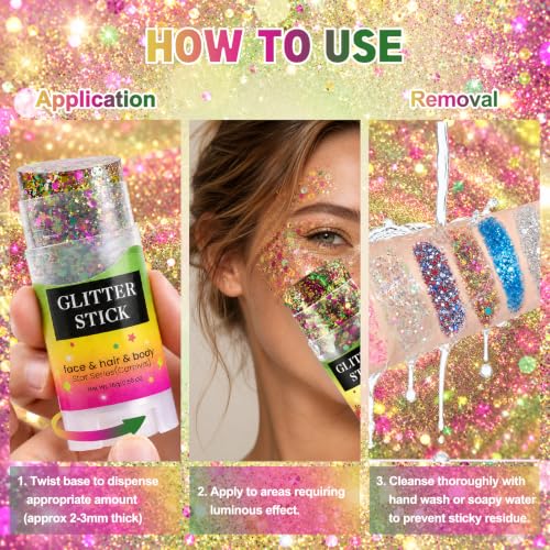 HULYHDP Carnival Glitter Stick - Waterproof Body & Hair Shimmer, Easy Removal, Large Iridescent Flakes