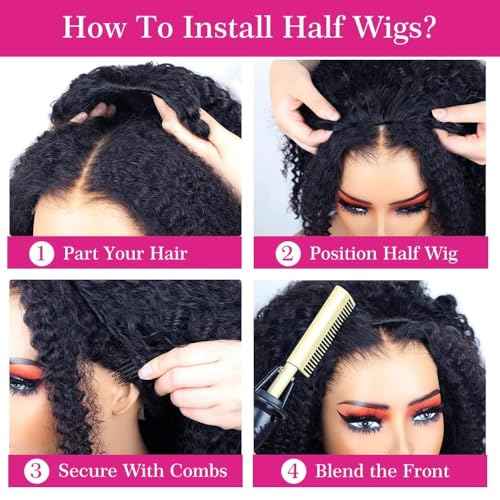 250% Density Kinky Curly Half Wig Human Hair 3 In 1 Seamless Flip Over Glueless Wigs Human Hair With Drawstring Beginner Friendly Headband Wig Wear and Go Wig Human Hair Afro Wig 16inch