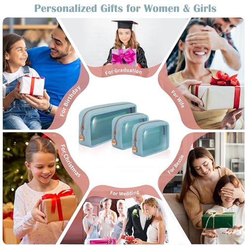Birthday Gifts | Initial Clear Make Up Bag Travel Toiletry Bag Clear Makeup Bag Cosmetic Travel Beach Bag Car Organizer Essentials for Women Men | Gifts for Girlfriend Teacher | 3 Pcs Blue A