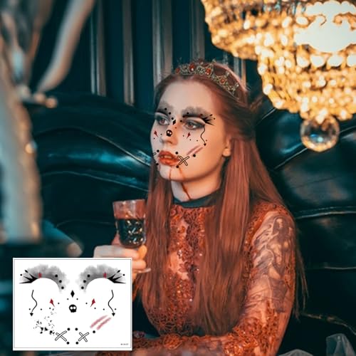 Halloween Face Tattoo Stickers - 8 Sheets Spider Web & Clown Makeup