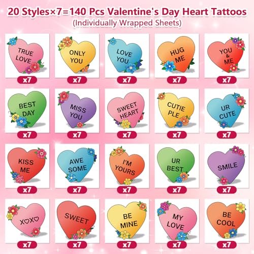 Cerlaza 140 Pc Valentine's Day Temporary Tattoos - 20 Designs, Waterproof