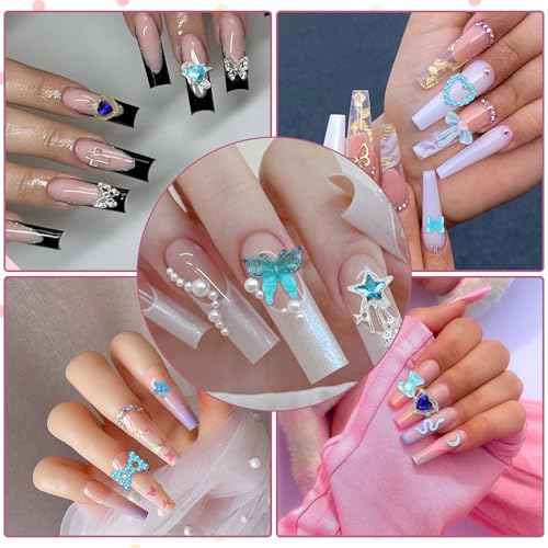 650pcs Mixed 3D Nail Charms Kit, 12pcs Luxury Metal Nail Rhinestones and 250pcs Resin Butterfly Flower Star Heart Bow Charms with 400pcs Flatback Pearls Rhinestone Metal Gems Charm (Blue)
