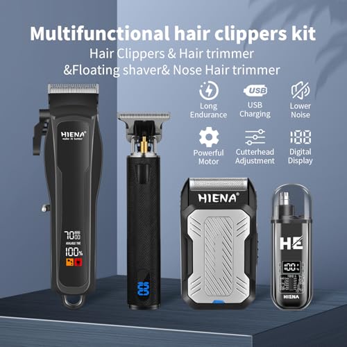 HIENA PRO Cordless Hair Clippers for Men, Professional Barber Kit - Beard Trimmer, Aluminum Foil Shaver, Nose Trimmer, 10 Limit Combs - Fast Charge, Smart LED Display (Clippers/Trimmer)