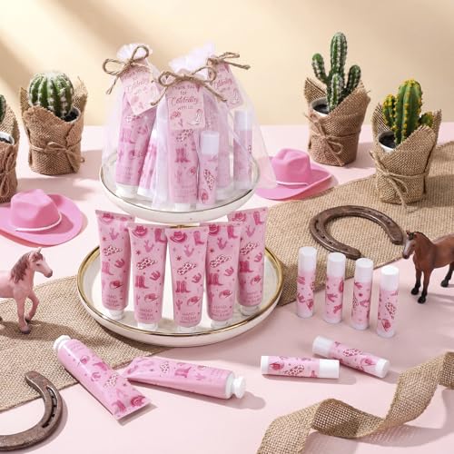 30 Sets Pink Cowgirl Hand Creams and Lip Balms Gift Bulk Western Cowgirl Baby Shower Party Favors for Guests Disco Boots Travel Size Hand Lotion and Lip Balm Gifts for Birthday Bridal Shower