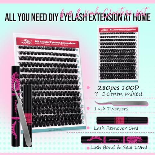 FADVAN Lash Extension Kit Thick Cluster Eyelash Extensions 9-16mm Volume Lash Clusters 100D Individual Eyelashes Kit with Lash Bond And Seal,Remover Tweezers For Beginner (100D, 0.07D, 9-16mm, Kit)
