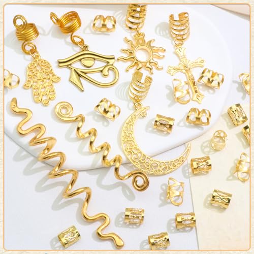 VENOFEN 27PCS Gold Hair Jewelry for Braids Loc Jewelry Cross Braid Clips Multi Style Loc Dreadlock Beads Sprial Hair Decoration Metal Hair Cuffs Rings Braid Accessories for Women and Men