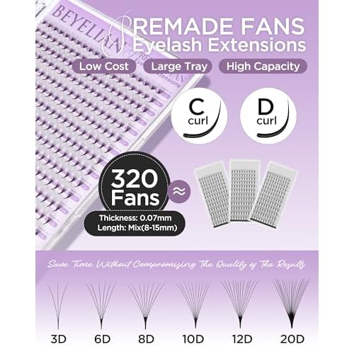 BEYELIAN Premade Lash Fans, 320 Fans Pre Made Fans Volume Lash Extensions 3D 6D 8D 10D 12D 20D 0.07 C/D Curl Save Time Eyelash Extensions for Professional Salon, 8-15mm MIX Easy to Use (10D-0.07-C)