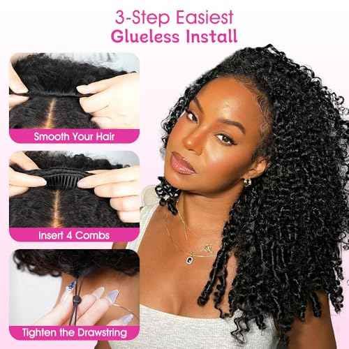 BGM GIRL 3 in 1 Burmese Curly Half Wig Human Hair Glueless Flip Over Half Wig with Drawstring Spiral Curly Ends for Women Easy Install Natural Black 180% Density 20 Inch