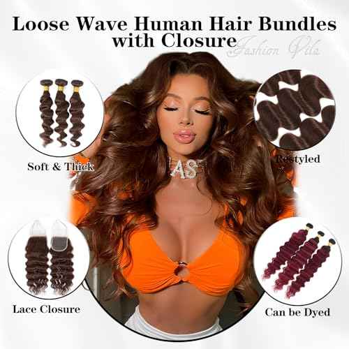 Brown Bundles with Closure Human Hair Loose Wave Human Hair Bundles with Closure (20 22 24+18£©12A Brazilian Virgin Hair Light Brown Loose Deep Wave 3 Bundles with 4x4 Closure 4# Color