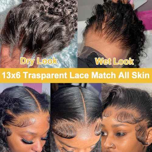 13x6 Deep Wave Lace Front Wigs Human Hair Curly Wigs for Women 200% Density Deep Wave Lace Frontal Wet and Wavy Wigs Human Hair Pre Plucked with Natural Hairline Natural Color 36 Inch