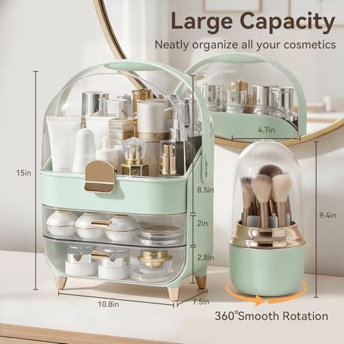 Large Capacity Makeup Organizer with Brush Holder & 2 Drawers - Green