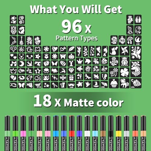 18 Colors Temporary Tattoo Markers with 96 Stencils