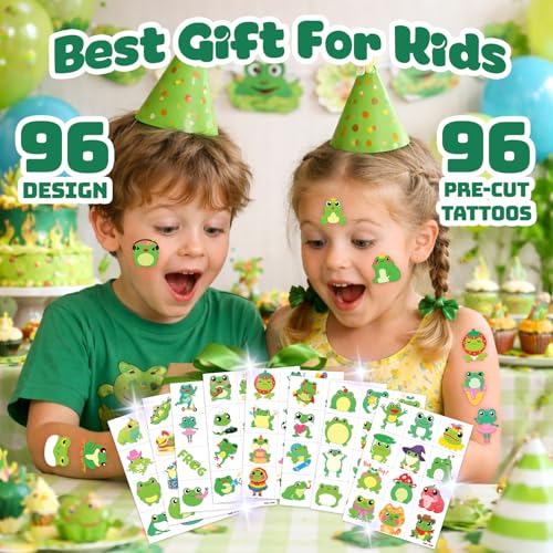 96 Pack Green Frog Temporary Tattoos for Kids