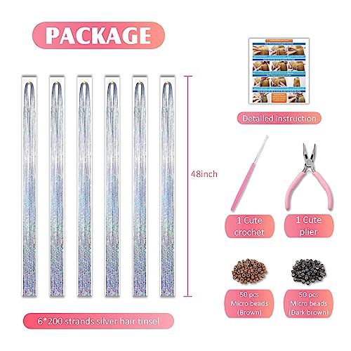 Silver Hair Tinsel Kit 48 Inches 1200 Strands with Tools and Instruction Easy to Install Fairy Glitter Tinsel Hair Extensions for Women and Girls，Shinny Sparkling Braiding Hair Accessories for Halloween Cosplay Party