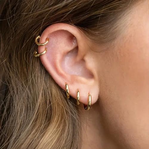 Small Hoop Earrings for Women, Dainty 14K Gold Plated Huggie Hoop Earrings Hypoallergenic Lightweight Cartilage Earrings Set for Multiple Piercings for Sensitive (6mm Gold)