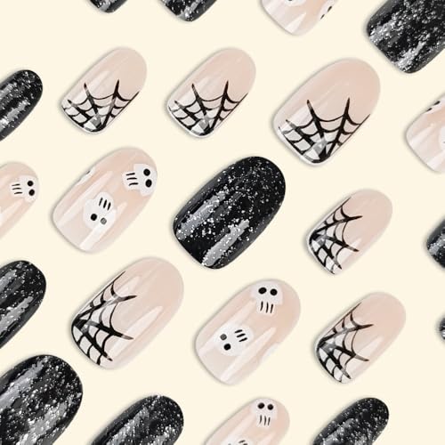 Black Press on Nails Short Almond Fake Nails, Halloween Press on Nails Skull with Designs Halloween Glue on Nails Full Cover False Nails Halloween Nails for Women 24Pcs