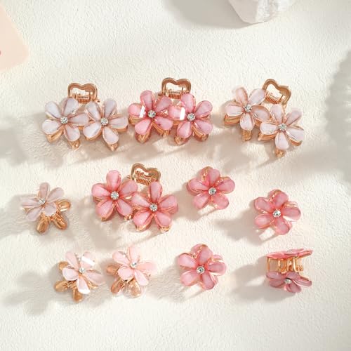 LYDZTION 12Pcs Small Flower Hair Claw Clips for Women Girls,Metal Hair Claw Clips Sparkling Barrettes Strong Hold Mini Flower Hair Clips Nonslip Rhinestone Hair Accessories for Women Girls