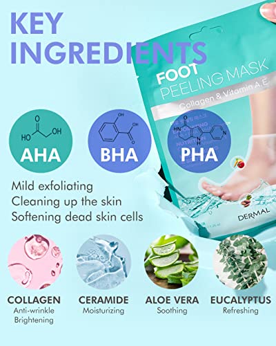 DERMAL KOREA Foot Peeling Mask 3 Pack For Dry Foot And Cracked Heel & Callus With Aloe Vera And Collagen - Exfoliating Peel Mask With Aha, Bha, & Pha And For Moisturizing, Soothing & Refreshing Feet