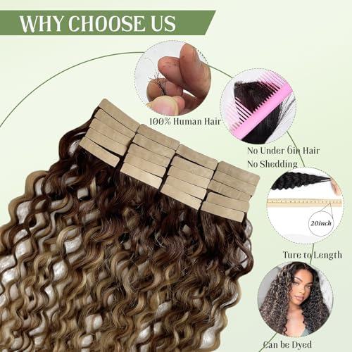 Water Wave Tape in Hair Extensions Strawberry Blonde Ombre Remy Thick Tape ins Human Hair Extensions Seamless Invisible Double Sided Skin Weft Curly Wavy Tape ins 22in 50Grams Add Volume