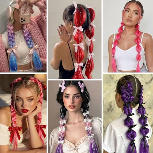2Pcs 26-Inch Colored Hair Extensions with Tinsel - Pink, Purple, Blue Festival Style