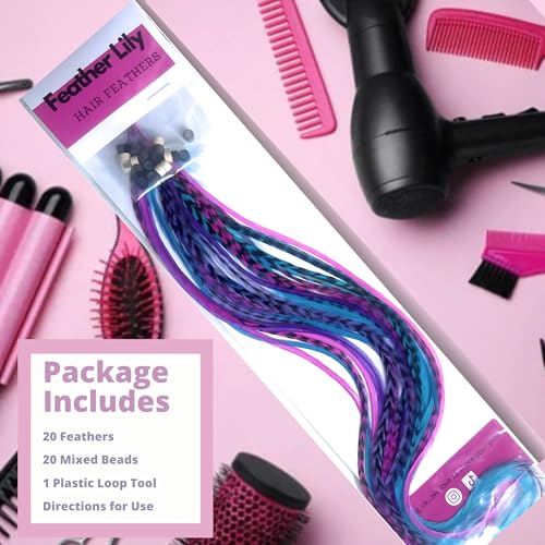 Feather Hair Extensions Kit - Pink, Purple & Turquoise 9-12" with Beads
