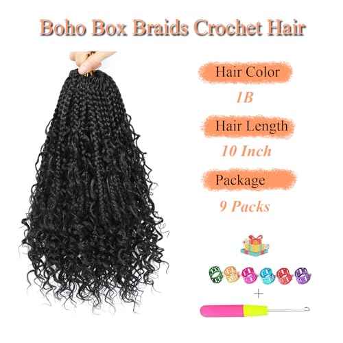 9 Packs Boho Box Braids Crochet Hair 10 Inch Goddess Box Braids Crochet Hair With Curly Ends Pre Looped Synthetic Bohemian Braid Hair Extensions For Women (10 Inch, 1B)