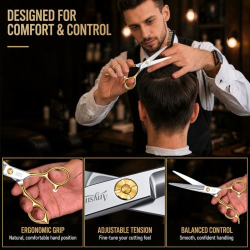ANYSIN 5.5 Inch Professional Hair Cutting Shears - Japanese Stainless Steel Razor Edge Barber Scissors with Offset Handle & Gift Box
