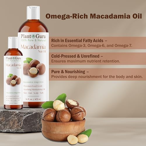 Plant Guru Macadamia Nut Oil 4 fl. oz. Cold Pressed 100% Pure Natural Carrier ? Skin, Face, Body, and Hair Moisturizer. Ideal for DIY Creams, Lotions, and Lip Balms