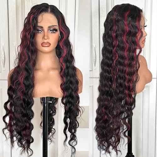 X-TRESS Red Highlight wig Synthetic Lace Front Wigs 30 Inch Loose Deep Wave Lace Frontal Wigs Pre Plucked Natural Black Deep Wave Wigs with Burgundy Highlight for Black Women with Baby Hair