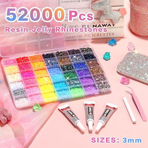 52000 Pcs 3mm Resin Rhinestones, 42 Colors with B7000 Glue & Tools