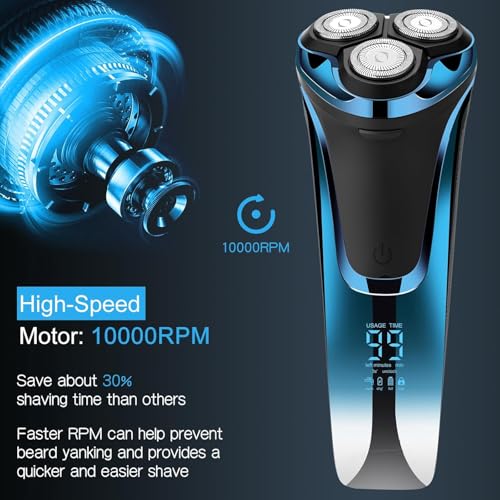 Snapbuy Electric Razor for Men, Snapbuy Electric Razor Pro of Father, 4D Floating Head Rotary Shaver, Ipx7 Waterproof Electrical Razors, Wet & Dry Fast Charging Electrical Shaver LCD Display (Blue)