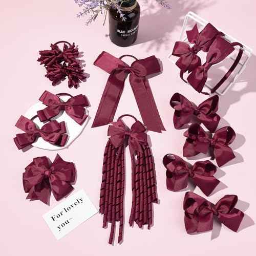 DEEKA Burgundy School Hair Accessories Set 13 Pcs Uniform Hair Bow Headband Clips Hair Ties Curly Korker Bows for Little Toddler School Girls (Burgundy)